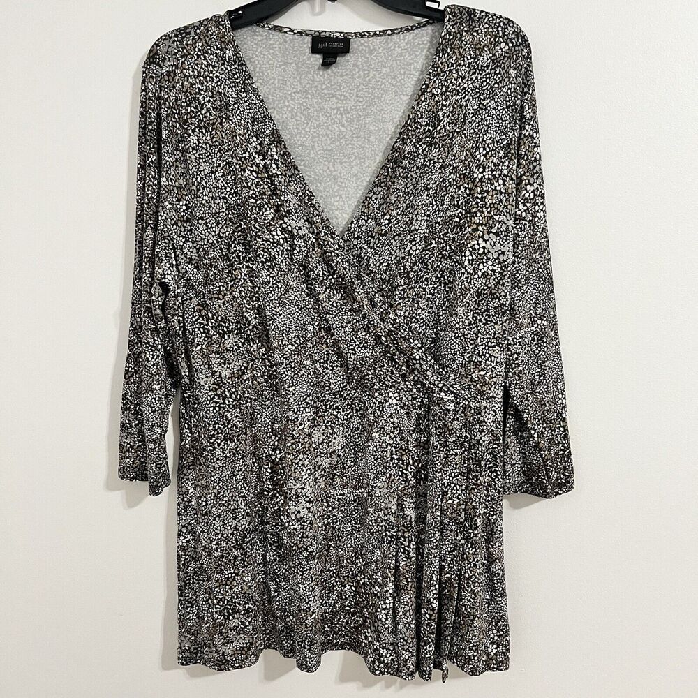 J. Jill Babydoll Blouse Size L Gray Floral Business 3/4 Sleeve Boho Fairy Top